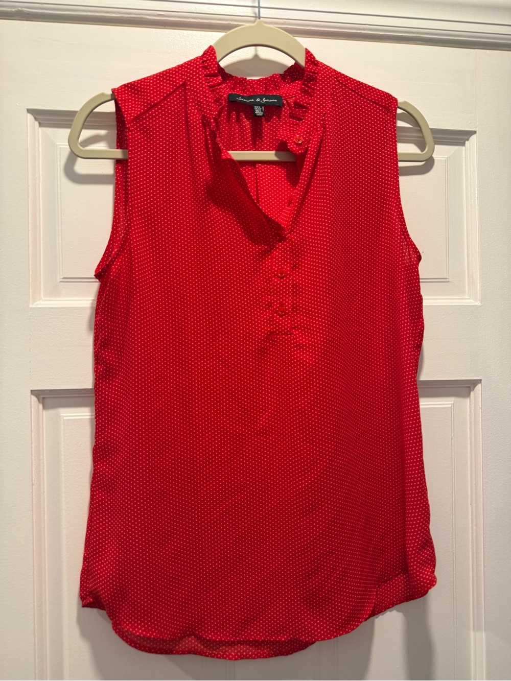 Ann Taylor Factory Red Polka Dot Sleeveless Ruffle-Neck Blouse size Small